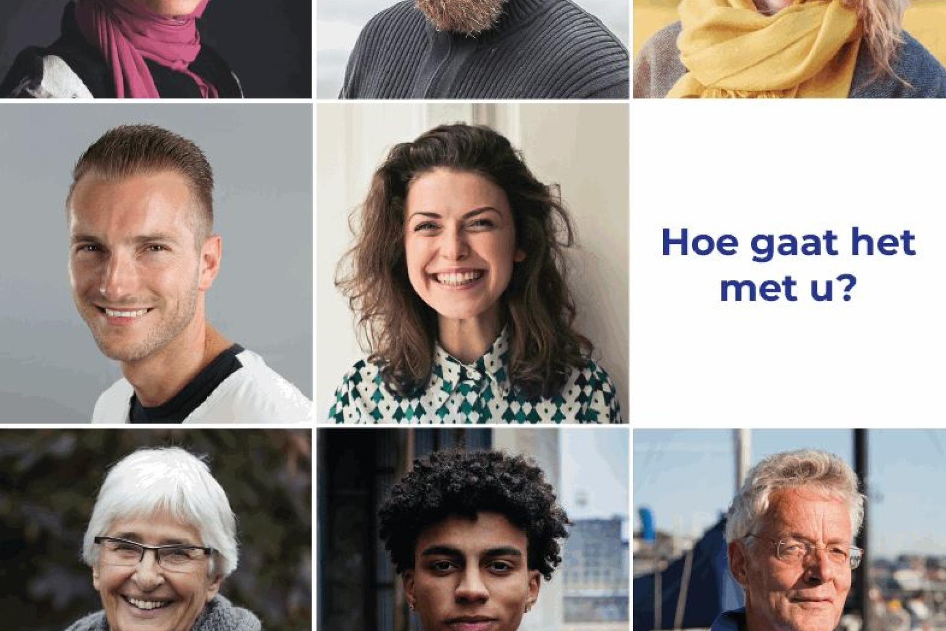 Negen vakjes, in 8 vakjes diverse lachende mensen in portret, in 9de vakje staat Hoe gaat het met u?